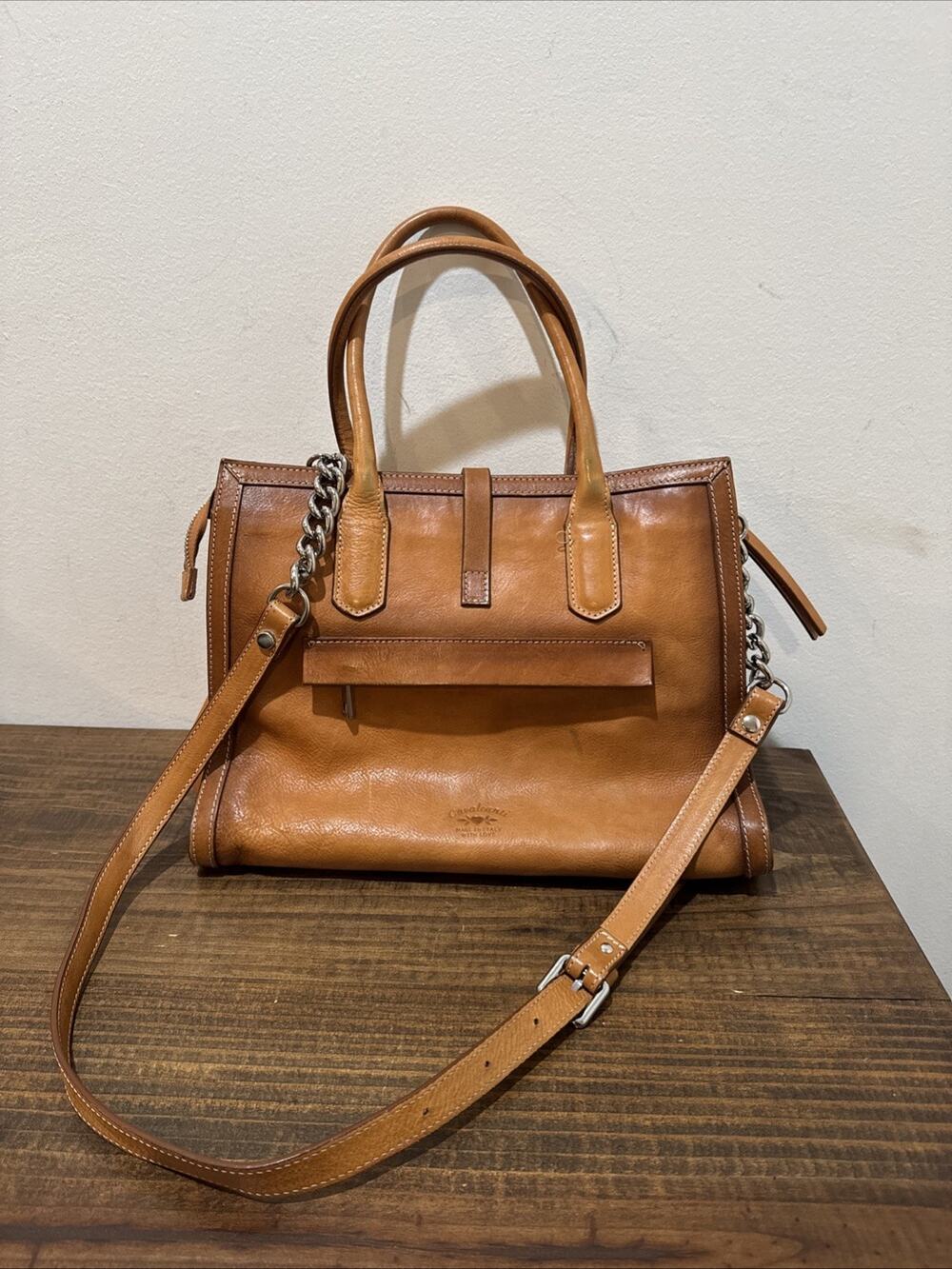 CAVALCANTI ITALIAN DESIGNER COGNAC BROWN BURNISHED LEATHER LARGE TOTE BAG